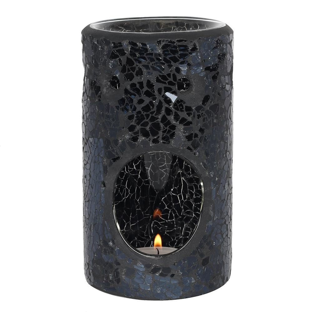 Black Crackle Glass Pillar TEALIGHT Wax Melt Burner &amp; 1 free wax melt bar