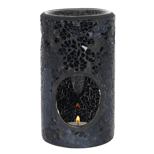 Black Crackle Glass Pillar TEALIGHT Wax Melt Burner &amp; 1 free wax melt bar