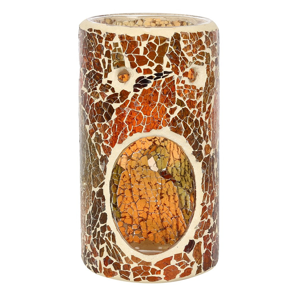 Autumn Brown Crackle Glass Pillar TEALIGHT Wax Melt Burner & 1 free wax melt bar