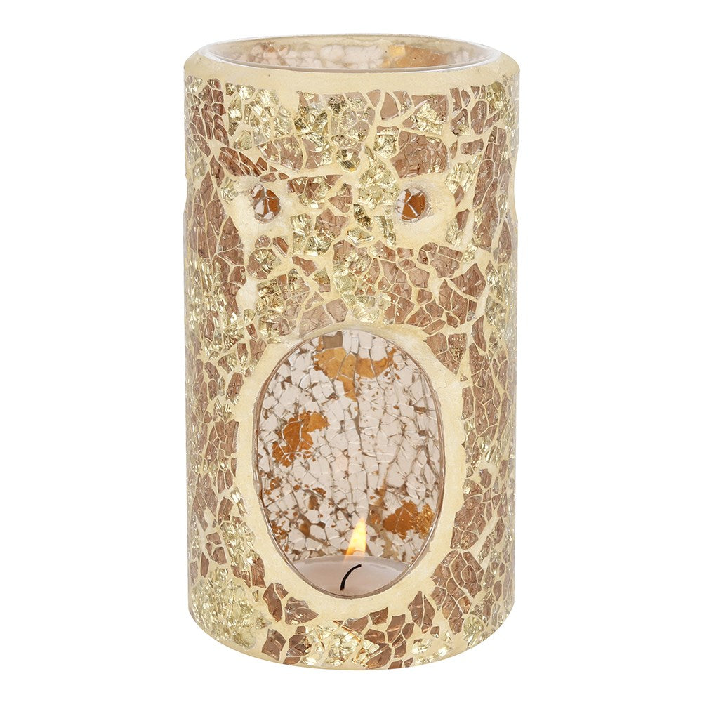 Gold Crackle Glass Pillar TEALIGHT Wax Melt Burner & 1 free wax melt bar