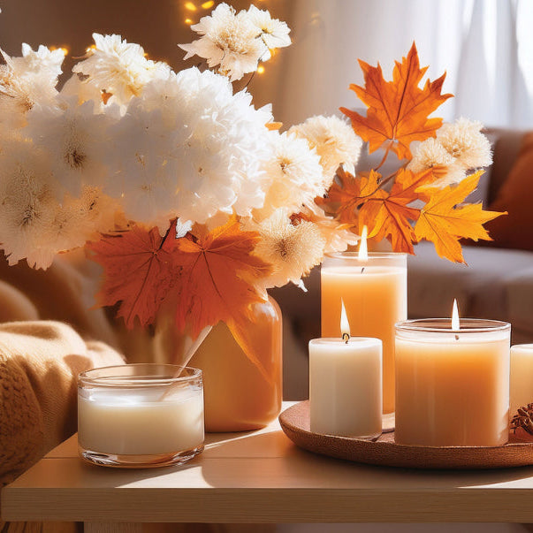 An image to suggest the mood of this scent. A cozy autumn-themed tabletop arrangement with white and caramel colour candles on a wooden tray, alongside a glass jar candle and a vase of white flowers and maple leaves, set in a warmly lit living room.