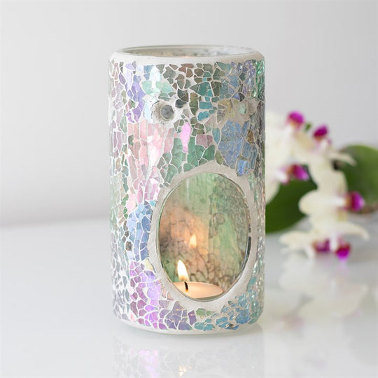 Iridescent Crackle Glass Pillar TEALIGHT Wax Melt Burner &amp; 1 free wax melt bar