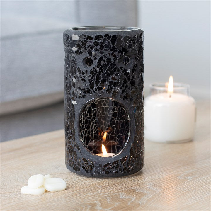 Black Crackle Glass Pillar TEALIGHT Wax Melt Burner &amp; 1 free wax melt bar