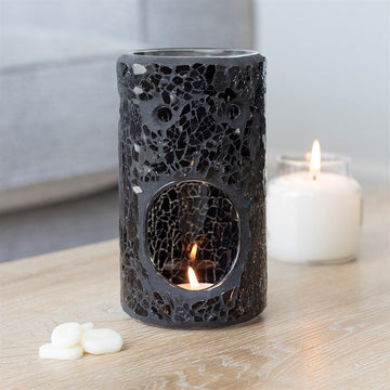 Black Crackle Glass Pillar TEALIGHT Wax Melt Burner & 1 free wax melt bar