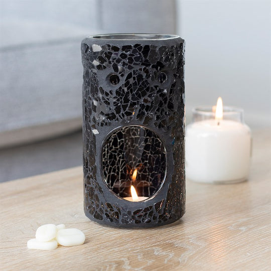 Black Crackle Glass Pillar TEALIGHT Wax Melt Burner &amp; 1 free wax melt bar