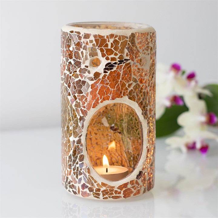 Autumn Brown Crackle Glass Pillar TEALIGHT Wax Melt Burner &amp; 1 free wax melt bar