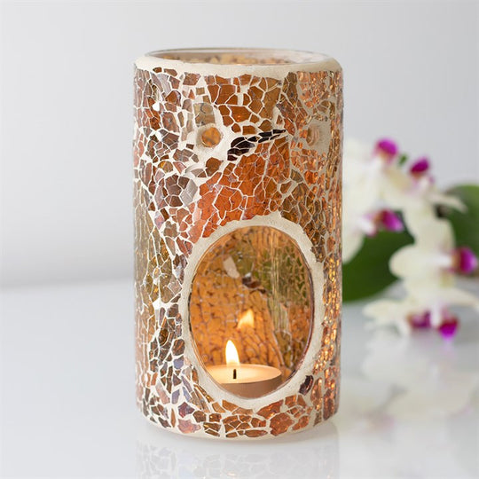 Autumn Brown Crackle Glass Pillar TEALIGHT Wax Melt Burner &amp; 1 free wax melt bar
