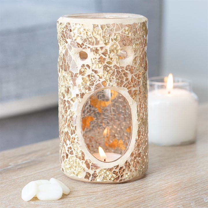 Gold Crackle Glass Pillar TEALIGHT Wax Melt Burner &amp; 1 free wax melt bar