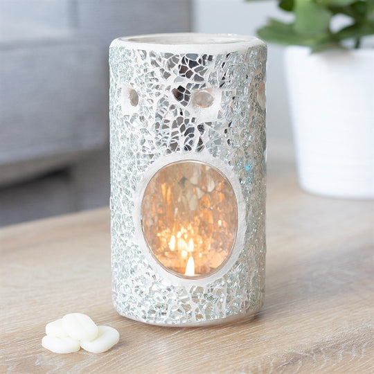 Silver Crackle Glass Pillar TEALIGHT Wax Melt Burner &amp; 1 free wax melt bar