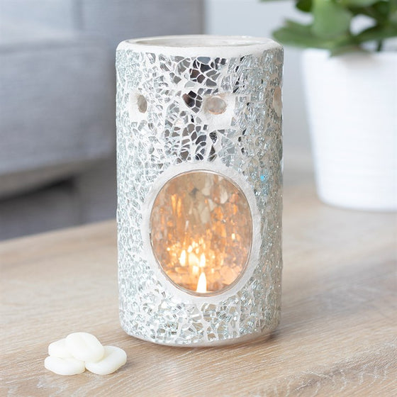 Silver Crackle Glass Pillar TEALIGHT Wax Melt Burner & 1 free wax melt bar