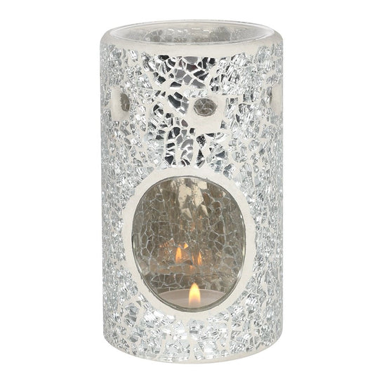 Silver Crackle Glass Pillar TEALIGHT Wax Melt Burner &amp; 1 free wax melt bar