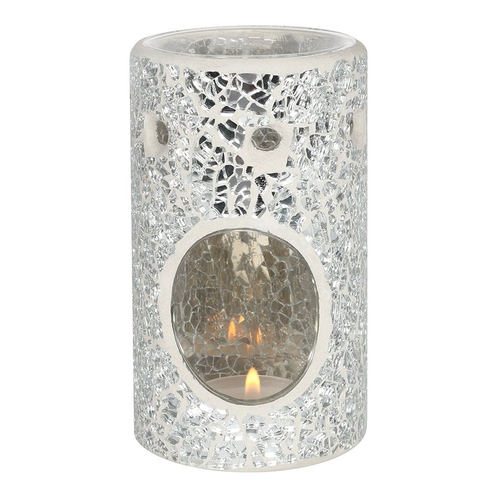 Silver Crackle Glass Pillar TEALIGHT Wax Melt Burner & 1 free wax melt bar